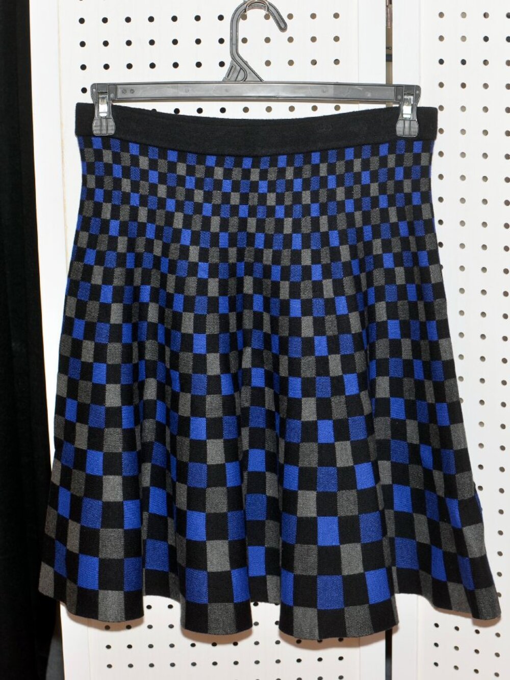 Grace Elements Checkered Knit A-Line Skirt Blue Black Gray Optical Print MEDIUM